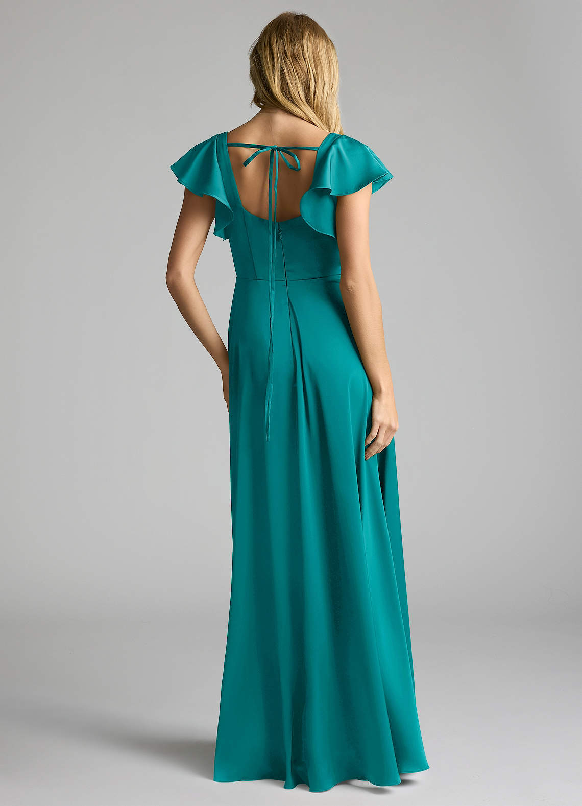 Azazie Bondi Bridesmaid Dresses Teal A-Line Bow Stretch Satin Dress image3