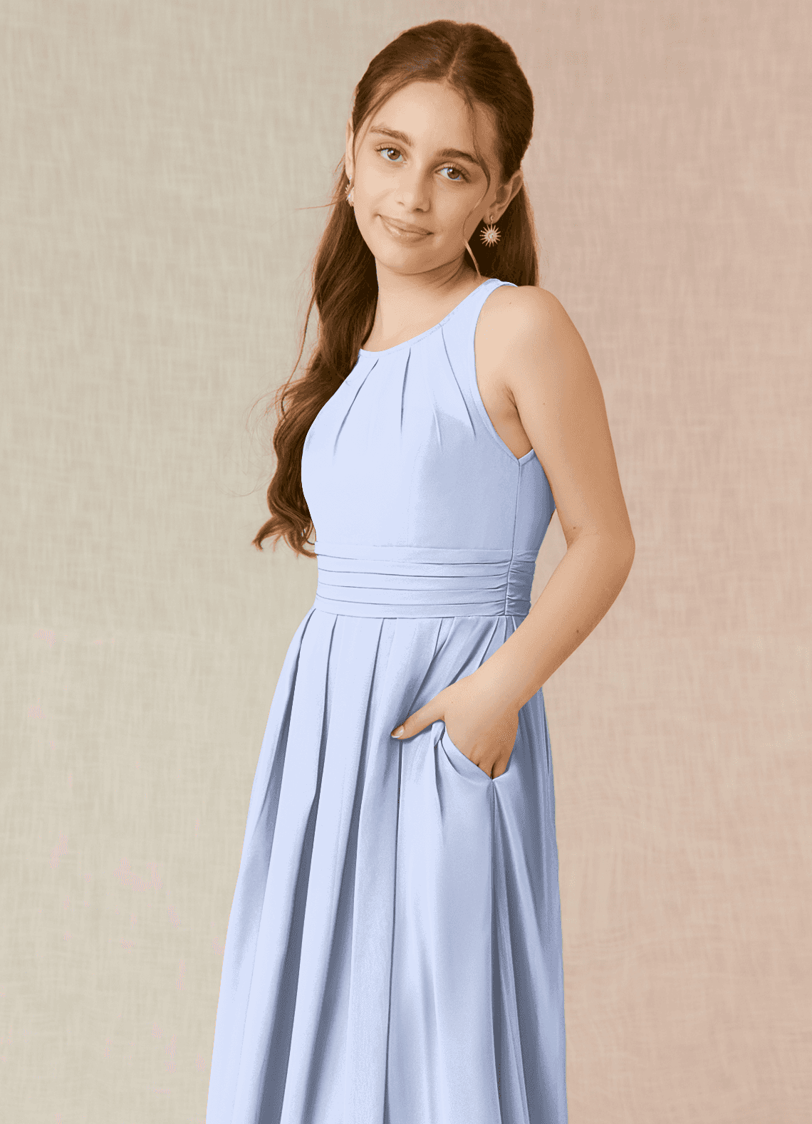 Azazie Bibiane Junior Agave A-Line Pleated Chiffon Dress image6