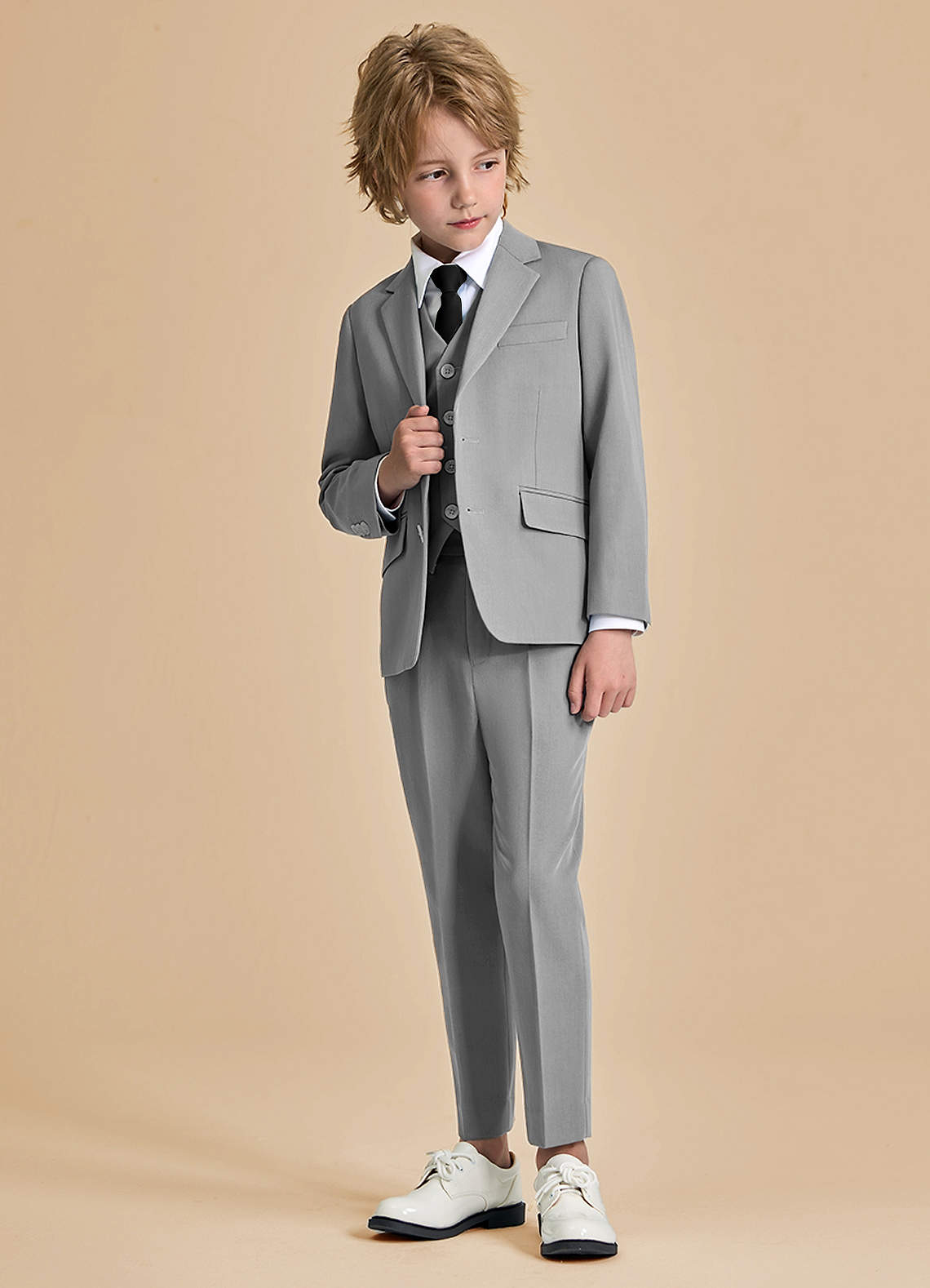 front Oliver Boys Grey 5-Piece Suit With Pre-tie