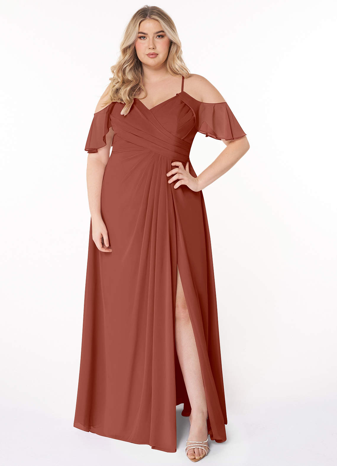 Azazie Dakota Brautjungfernkleider A-Linie V-Hals Gefaltet Chiffon Kleid Rotbraun image1