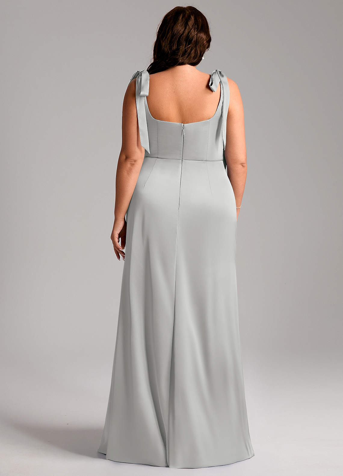 Azazie Frostine Bridesmaid Dresses Silver A-Line Bow Stretch Satin Dress image12