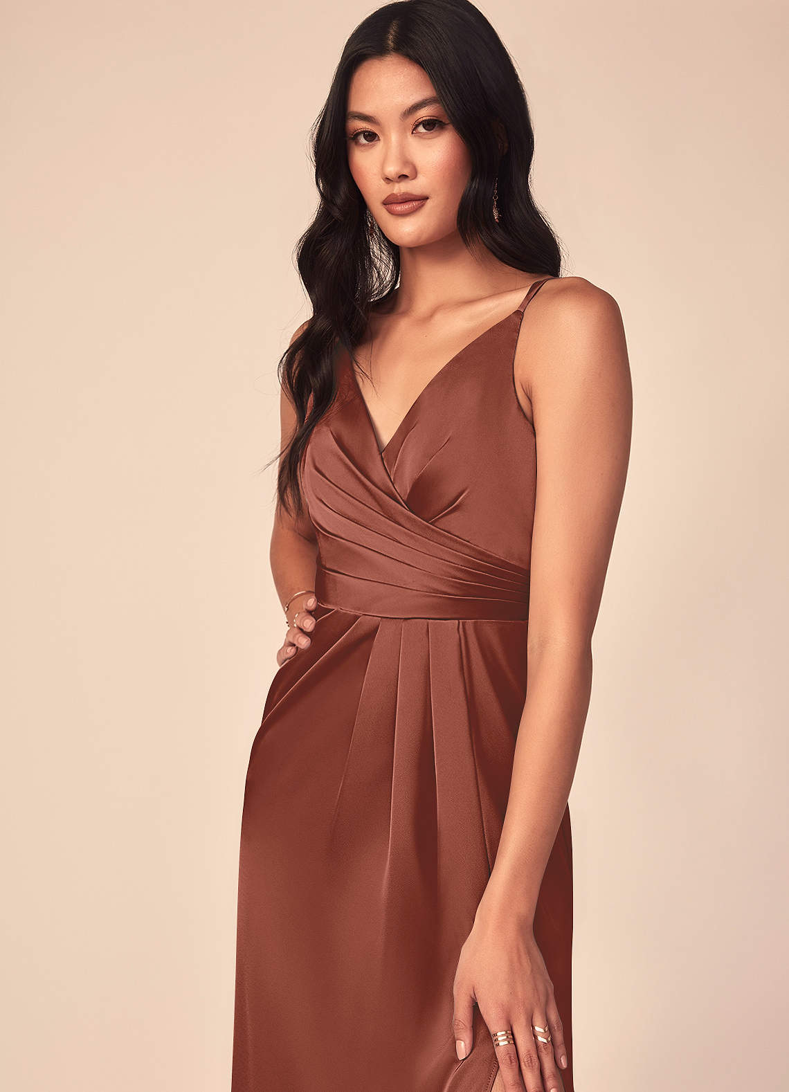 Azazie A-Line V-Neck Floor-Length Stretch Satin Bridesmaid Dresses - Auburn