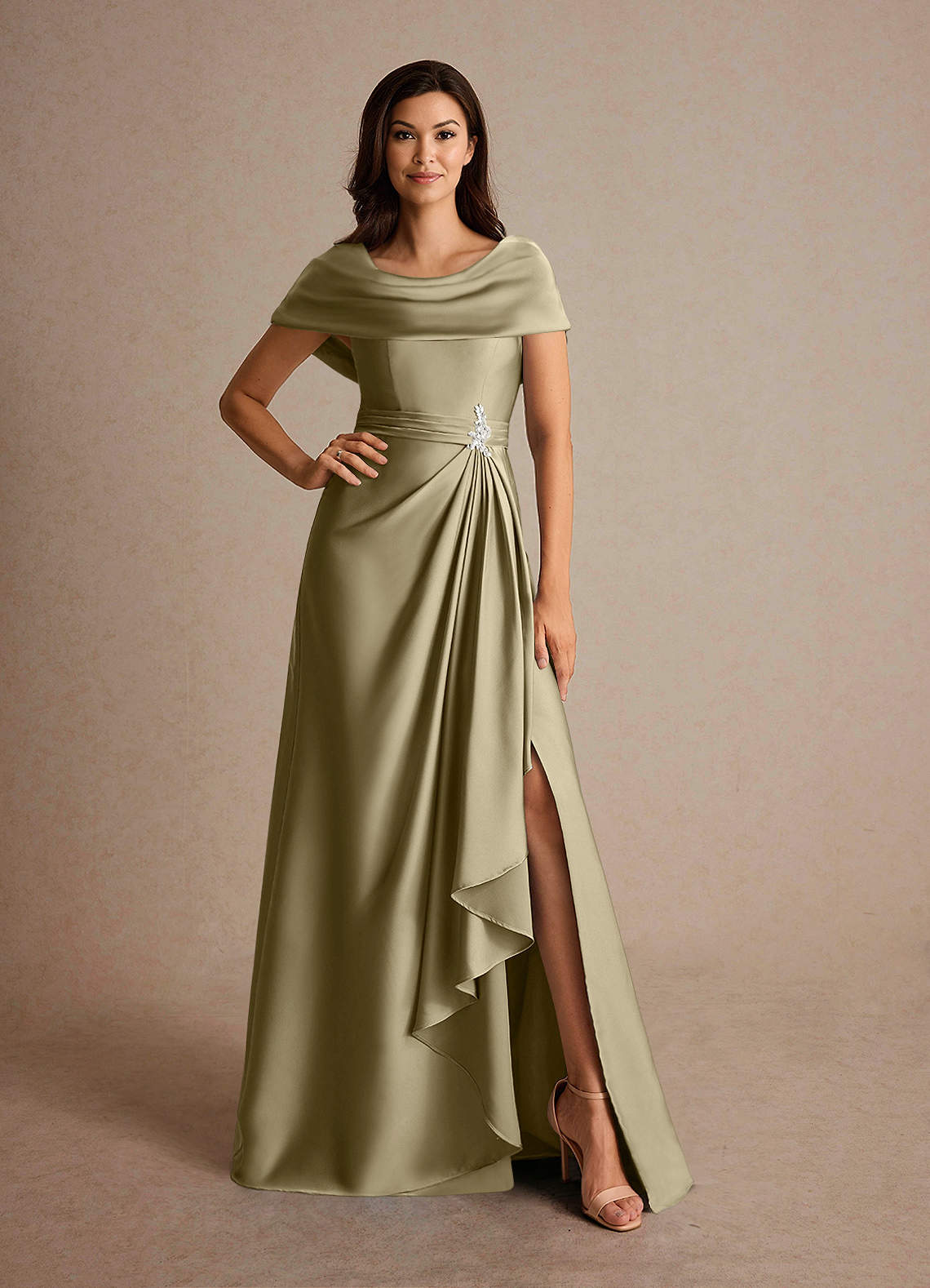 Azazie Branford Moss Green A-Line Pleated Stretch Satin Dress | Azazie