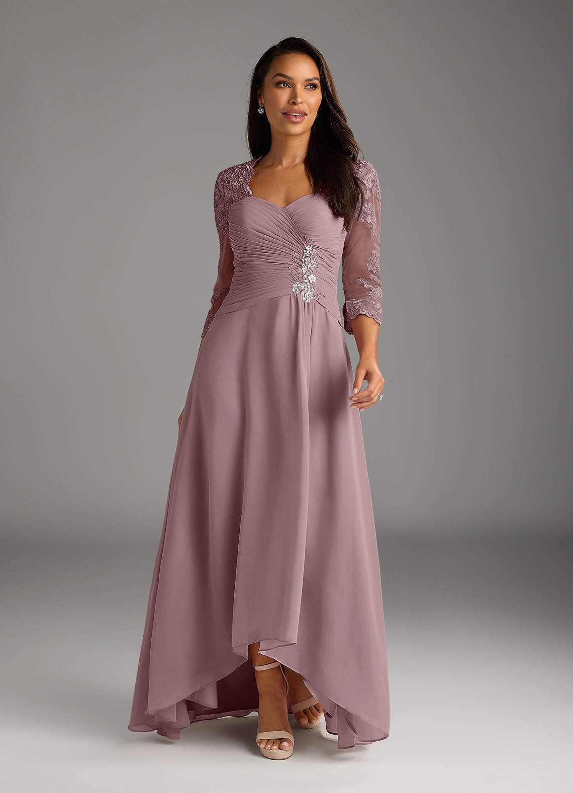 Azazie Devereaux Dusty Rose A-Line Lace Chiffon Dress | Azazie