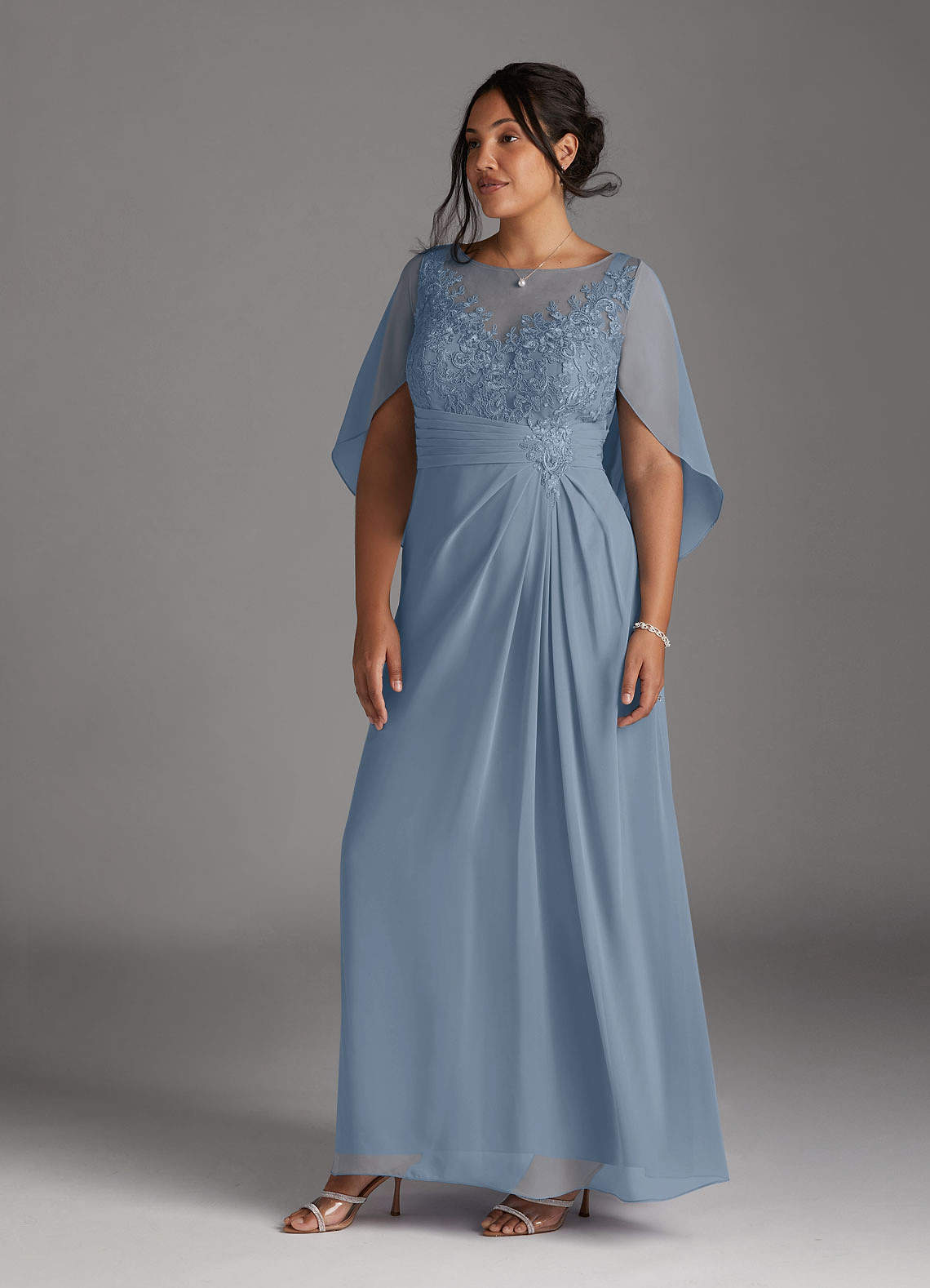 Azazie Hera Mother of the Bride Dresses Dusty Blue A-Line Lace Capelet Chiffon Dress image3