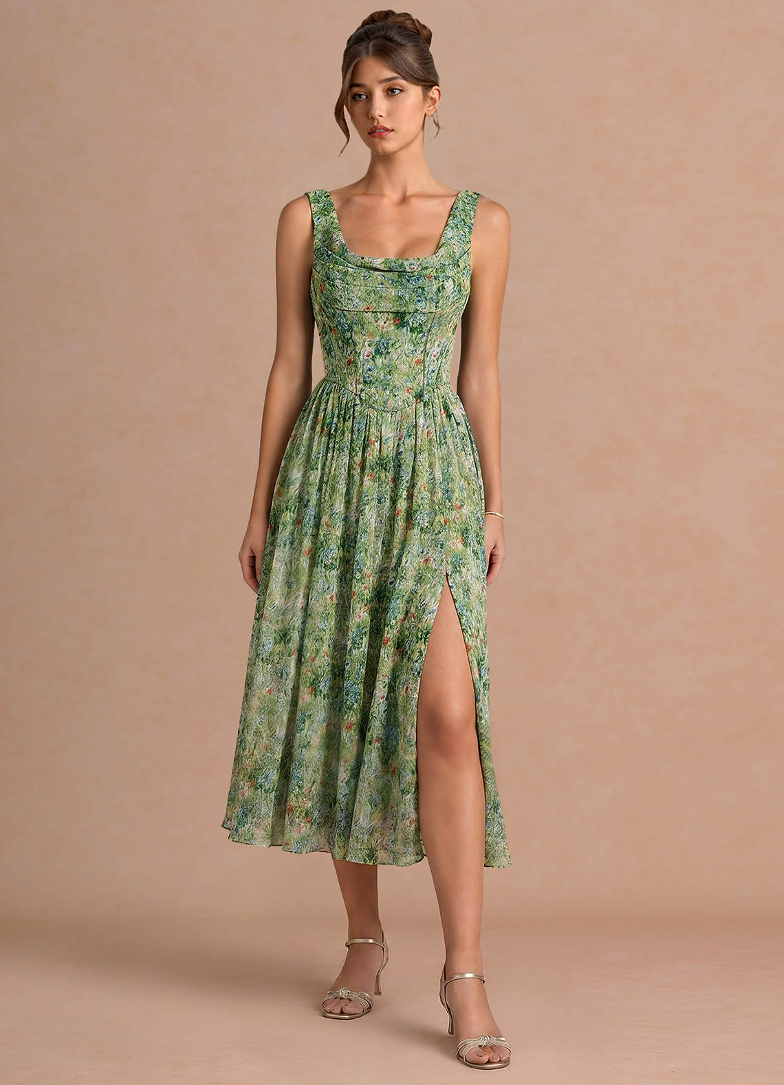 midi green floral dress Azazie Dresses A-Line Semi-Formal Dresses Cowl Regular side neck to