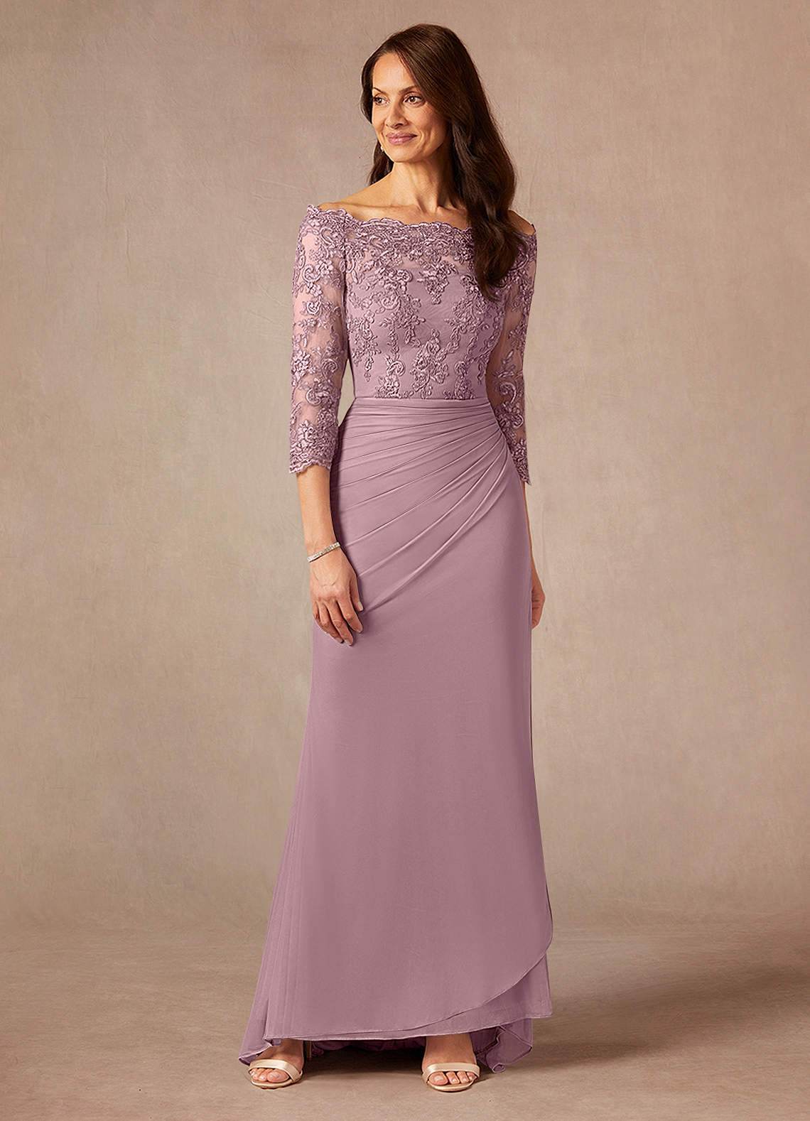 Azazie Rhonda Mother of the Bride Dresses Dusty Rose Mermaid Off the Shoulder Mesh Dress image1
