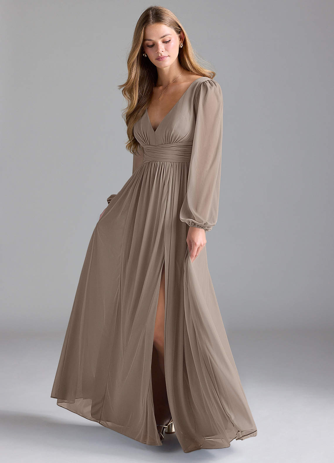 Azazie Norah Bridesmaid Dresses Taupe A-Line Mesh Dress image1