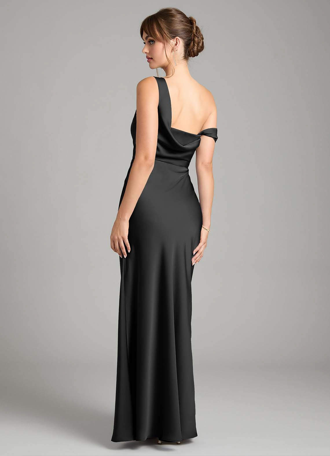 Azazie Madelyn Bridesmaid Dresses Black Mermaid One Shoulder Stretch Satin Convertible Dress image1