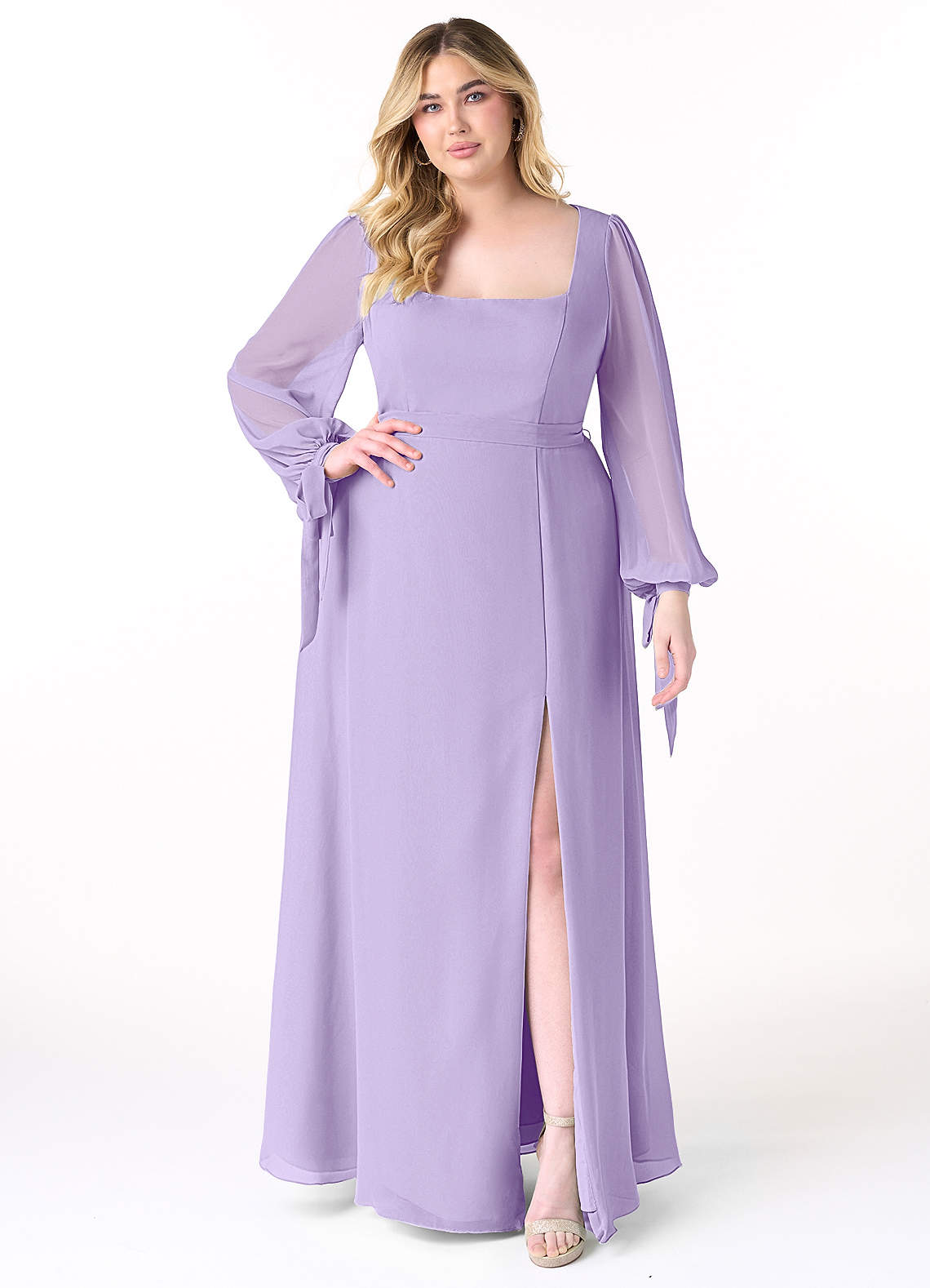 Azazie Leonia Bridesmaid Dresses Lilac A-Line Long Sleeve Chiffon Dress image1