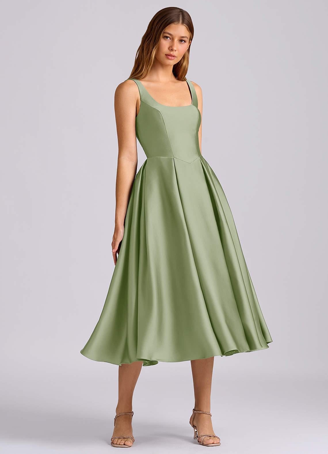 Azazie Amalie Vestidos de damas de honor Vestido de Salvia Polvorienta de Satén Elástico de Corte en A con Plisado image1