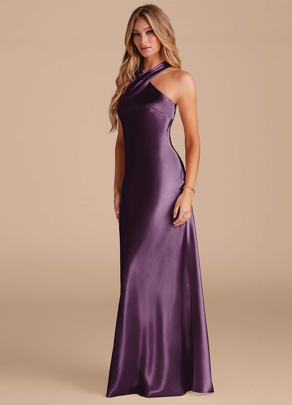 Azazie Doretta Plum Metallic Satin Bridesmaid Dresses | Azazie