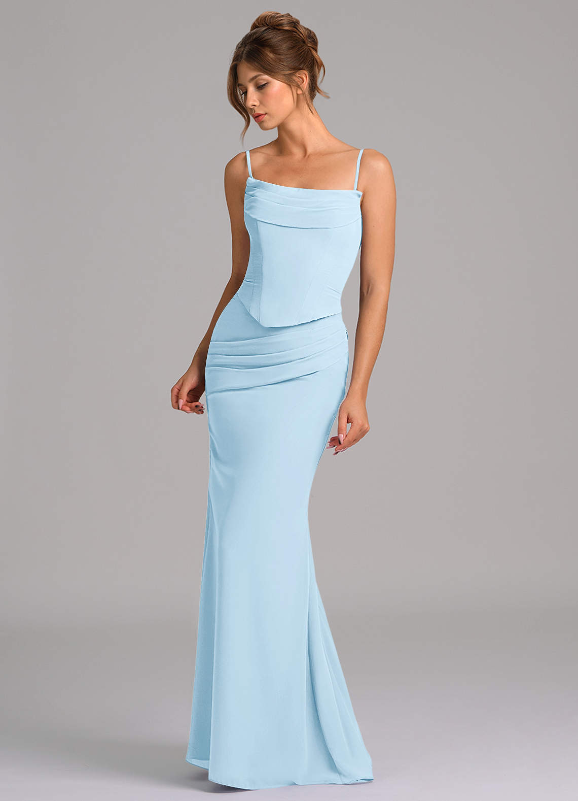 Azazie Sorrel Vestidos de damas de honor Vestido de Azul Cielo de Gasa de Corte Sirena con Corsé image5