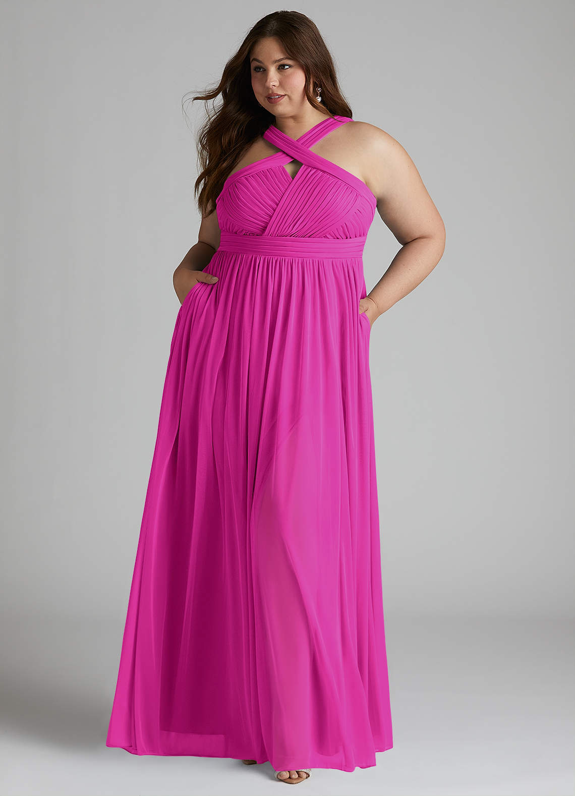 Azazie Hillian Brautjungfernkleider A-Linie Halter Gefaltet Gittergewebe Kleid Fuchsia image1