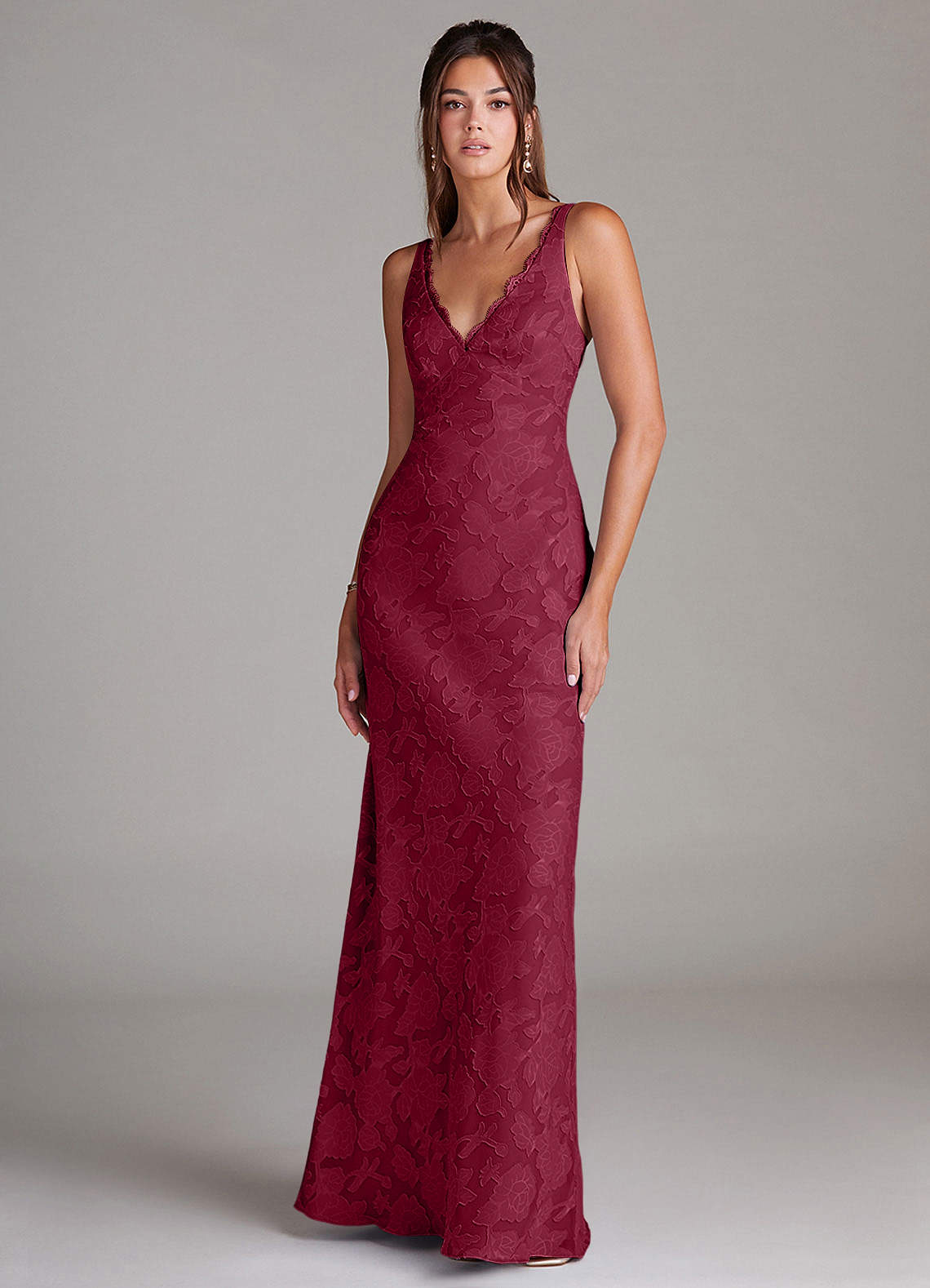 Azazie Tianna Bridesmaid Dresses Burgundy Sheath Lace Floral Burnout Dress image1