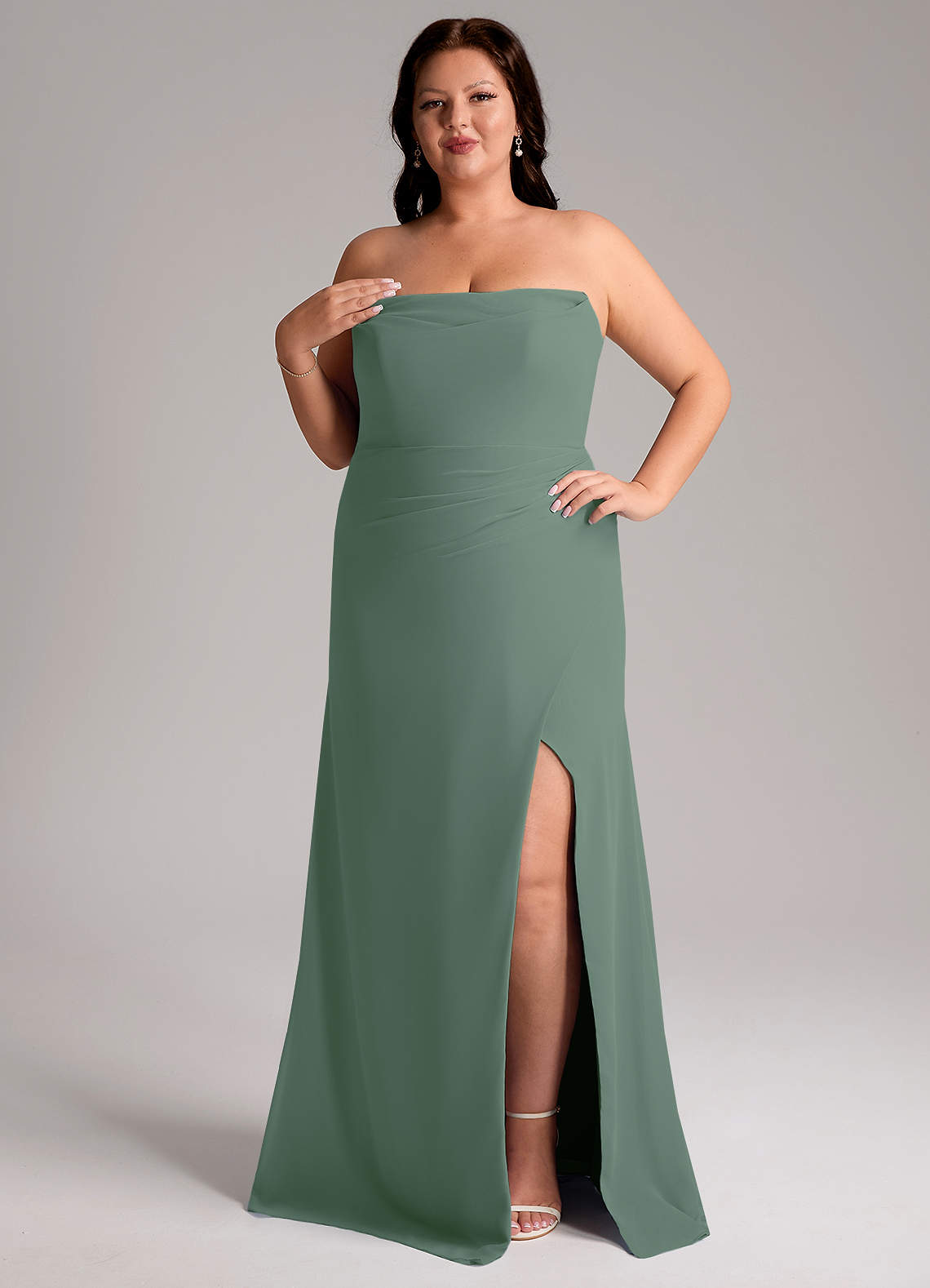 Azazie Leonis Vestidos de madrinha de casamento Vestido Eucalipto de Chiffon de Bainha com Sem alças image11