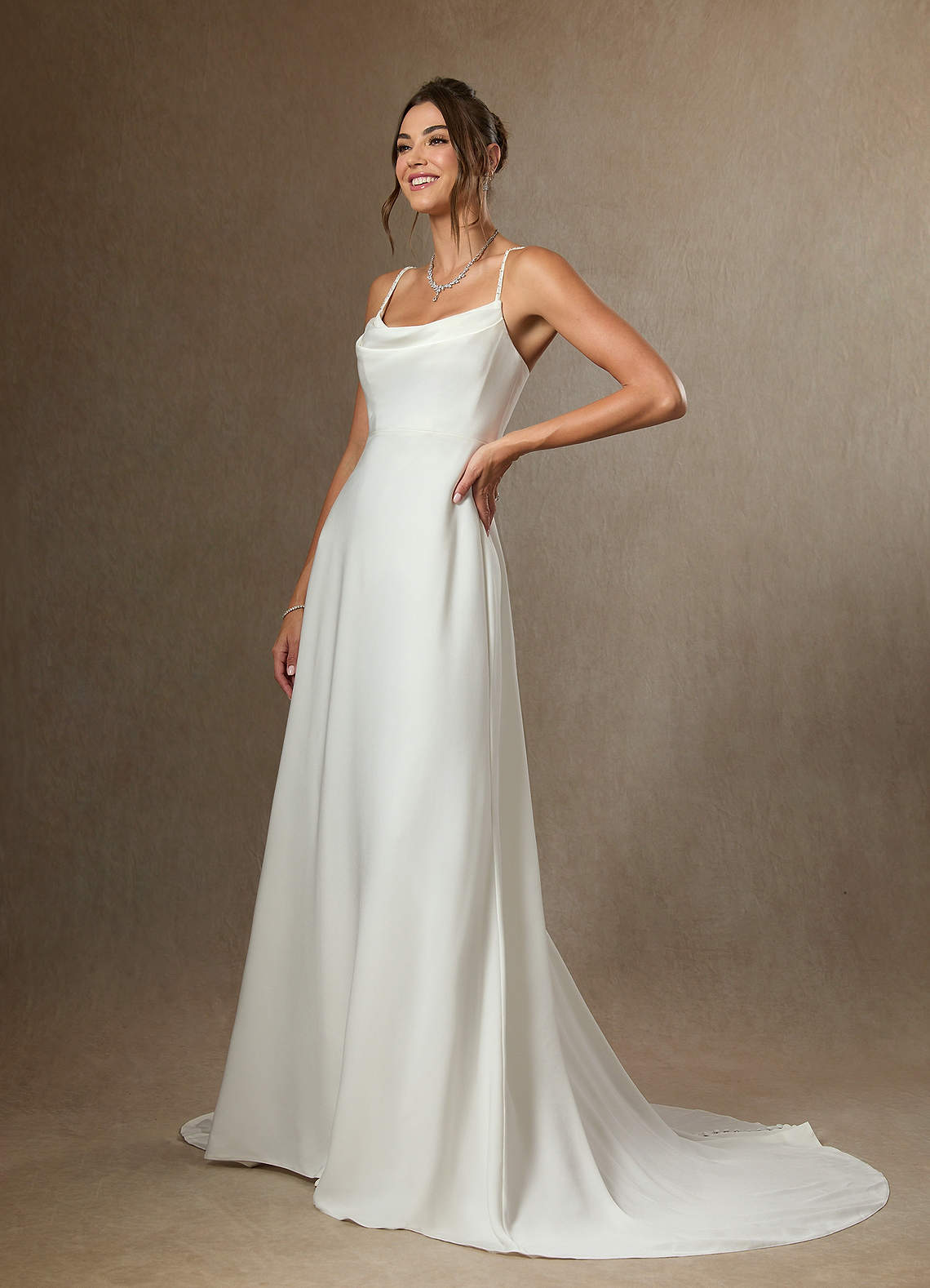 Azazie Shiv Diamond White A-Line Beaded Crepe Back Satin Dress