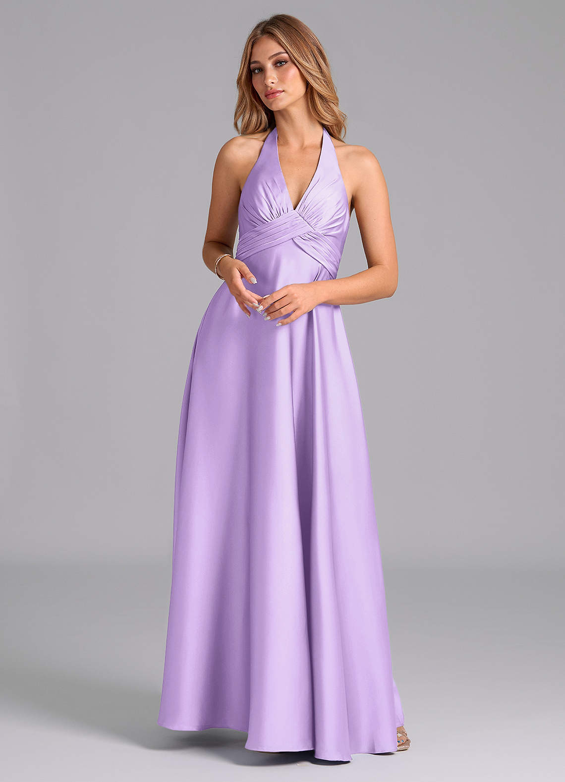 Azazie Tessie Bridesmaid Dresses Lilac A-Line Pleated Stretch Satin Dress image1