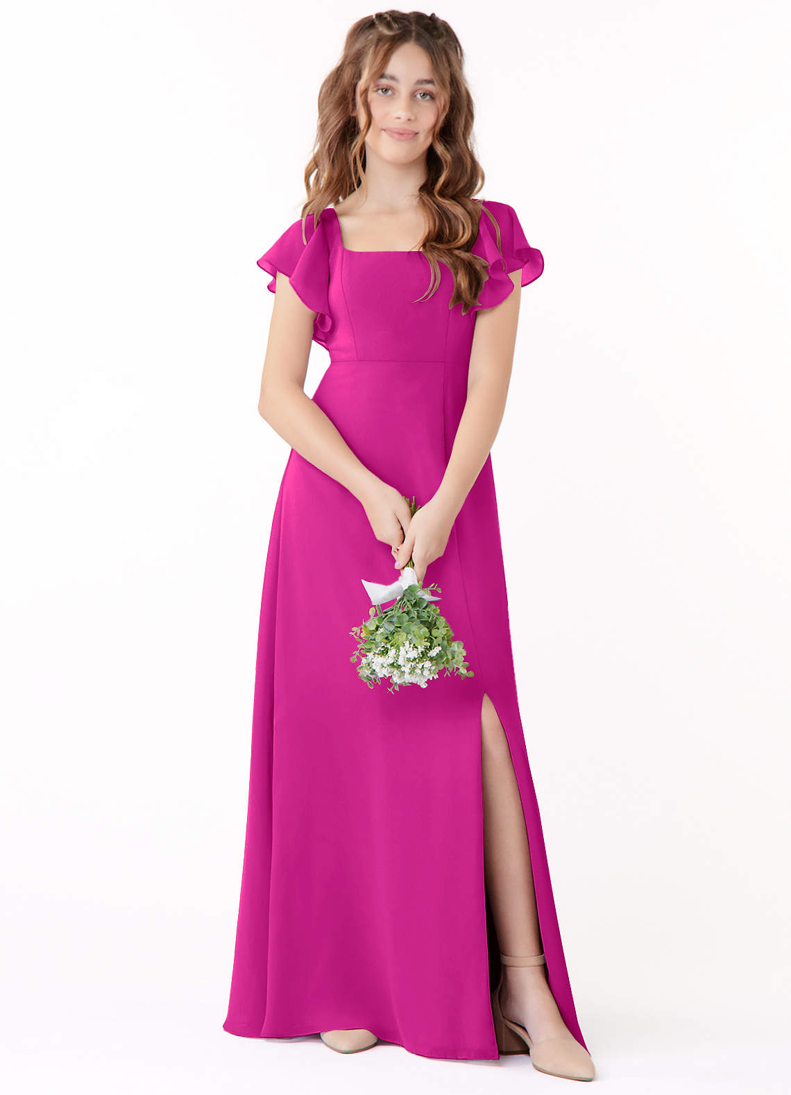 Azazie Bondi Junior Fuchsia A-Line Bow Chiffon Dress image1