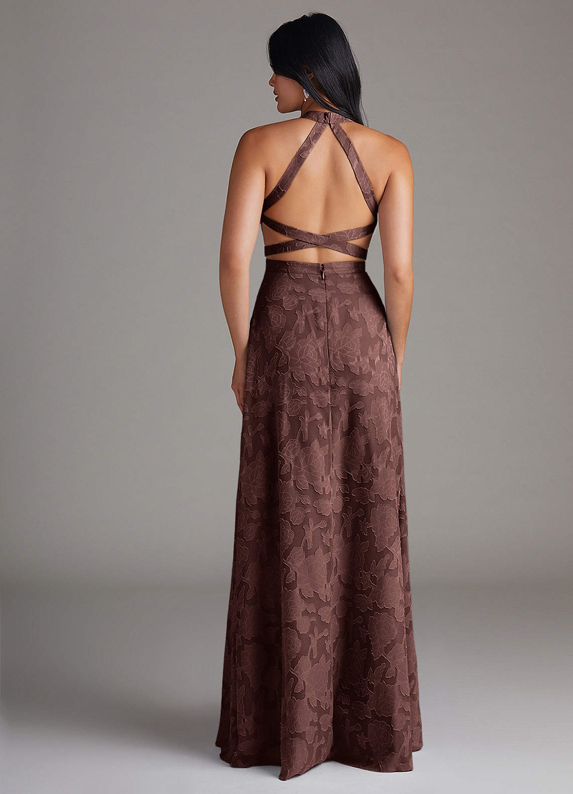 Azazie Clarice At-home Try On Dresses Butterscotch A-Line Side Slit Floral Burnout Dress image1