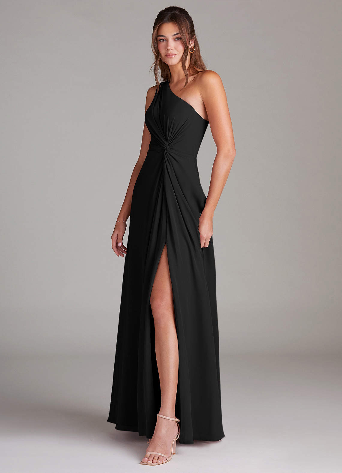 Azazie Brooke Bridesmaid Dresses Black A-Line One Shoulder Chiffon Dress image4