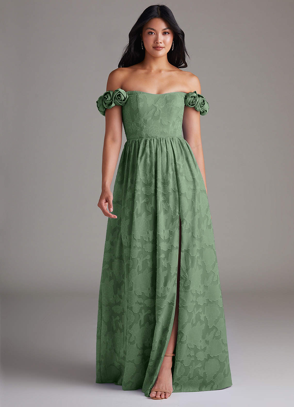 Azazie Autumn Bridesmaid Dresses Eucalyptus A-Line Off the Shoulder Floral Burnout Convertible Dress image1