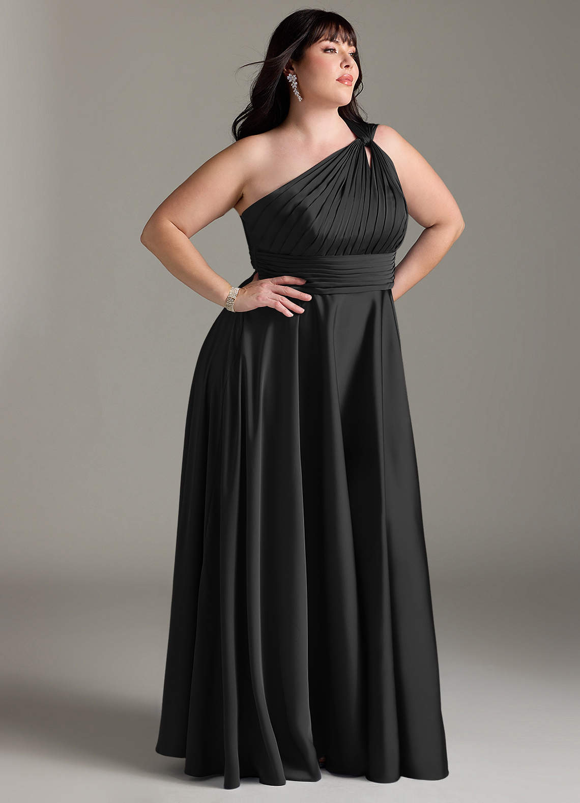 Azazie Charlize Bridesmaid Dresses Black A-Line One Shoulder Stretch Satin Dress image11