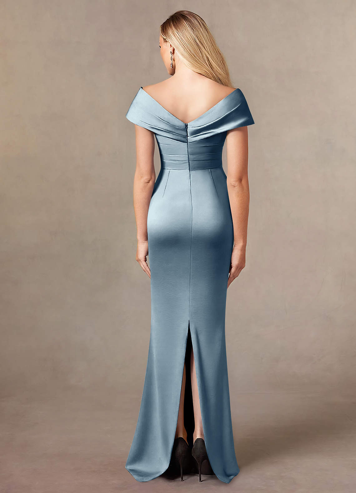 Azazie Ludlow Mother of the Bride Dresses Dusty Blue Mermaid Pleated Stretch Satin Dress image3