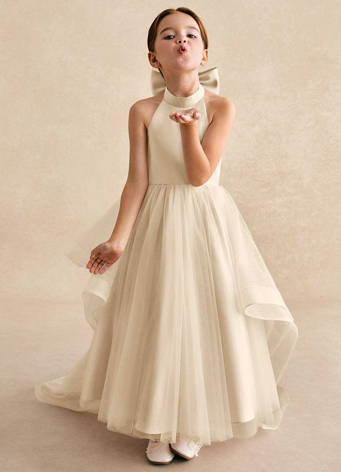 Azazie Bev Flower Girl Dresses Champagne A-Line Convertible Tulle Dress image3
