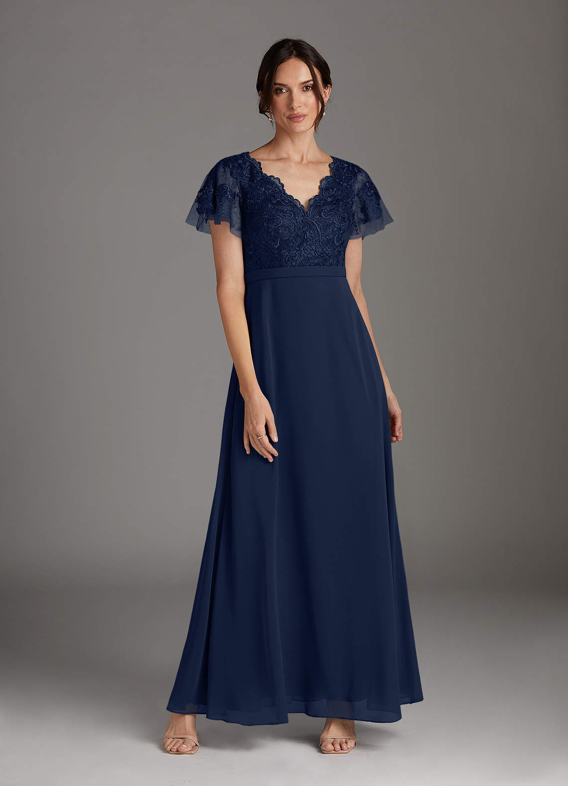 Azazie Singer Mother of the Bride Dresses Dark Navy A-Line V-Neck Lace Chiffon Dress image1