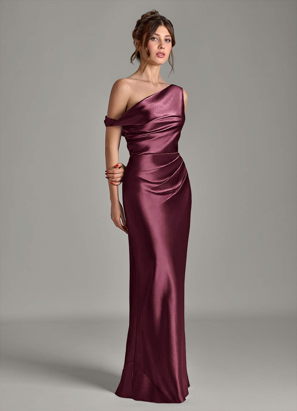 Azazie Emerson Bridesmaid Dresses Cabernet Mermaid Off the Shoulder Metallic Satin Dress image4