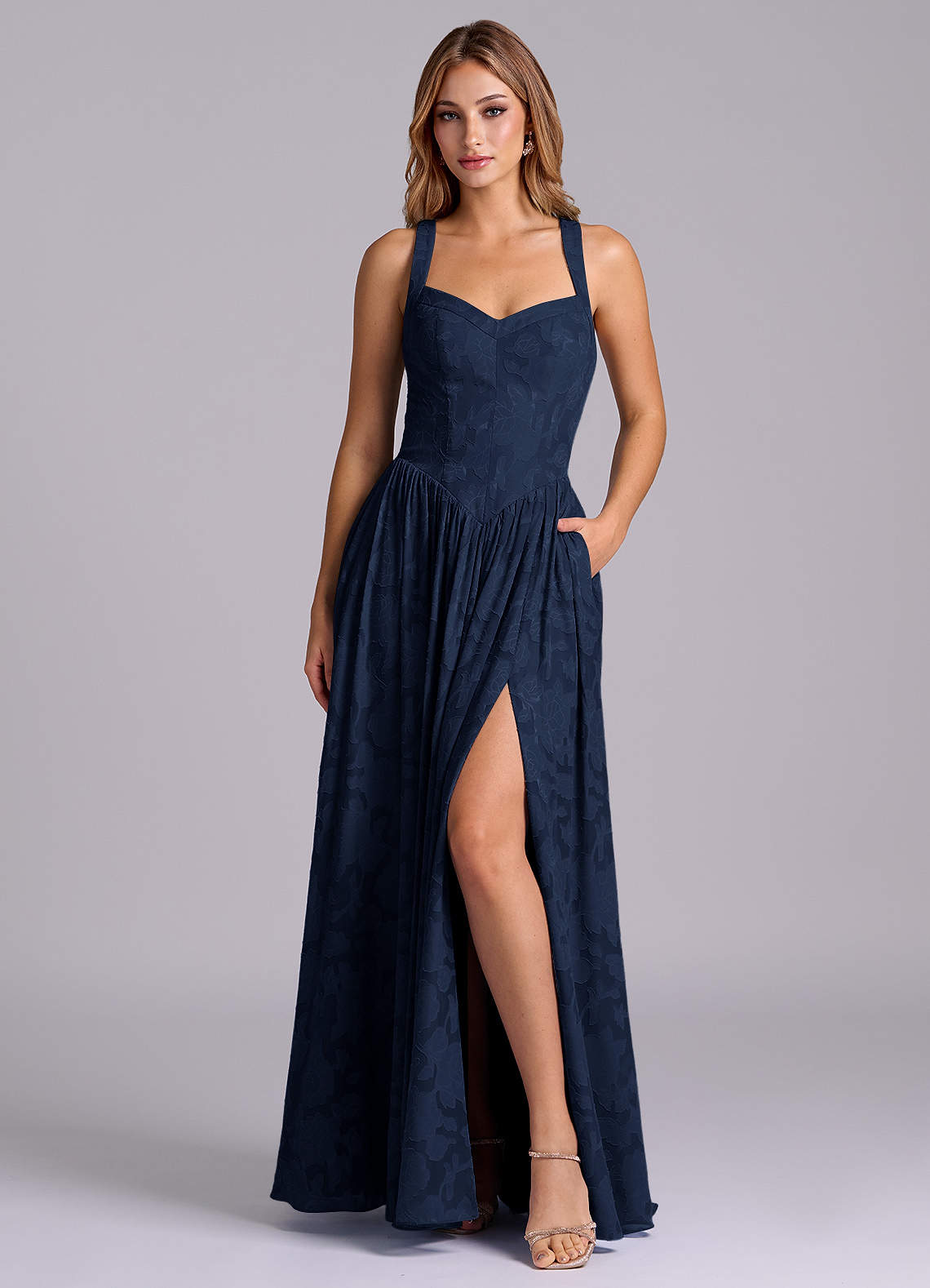 Azazie Francis Bridesmaid Dresses Dark Navy A-Line Corset Floral Burnout Dress image1