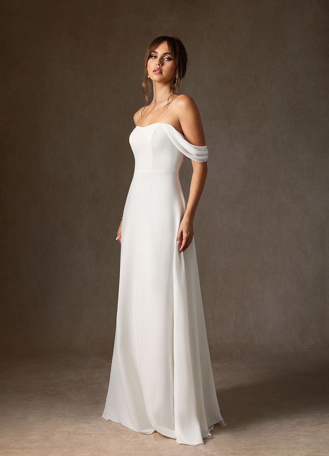Azazie Ava Wedding Dresses Diamond White A-Line Off the Shoulder Stretch Chiffon Dress image1
