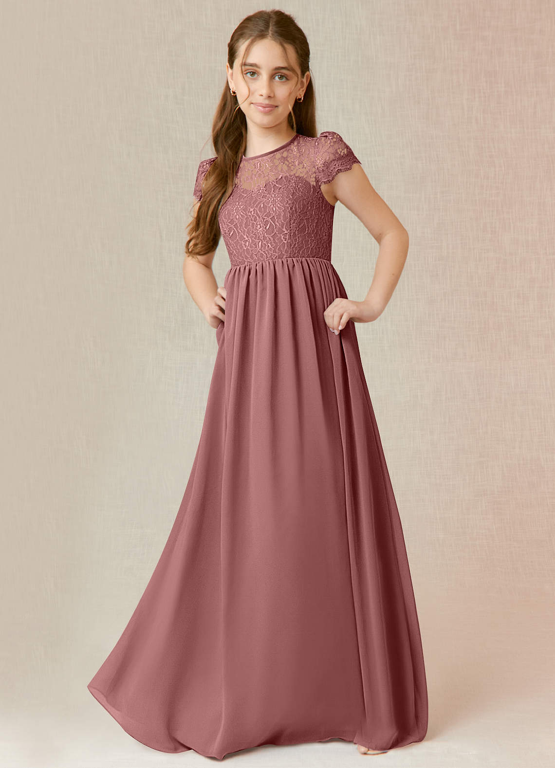Azazie Delevingne Junior Vestido de Rosa Del Desierto de Gasa de Corte En A con Encaje image1
