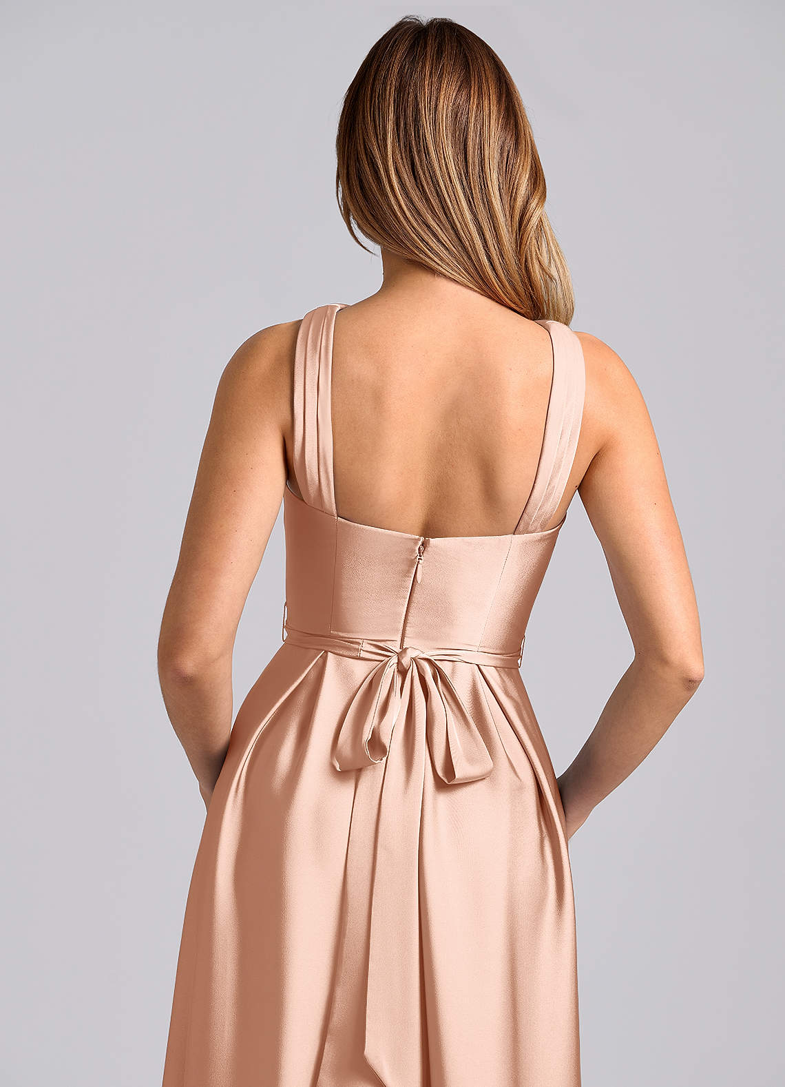 dixie backless dress Azazie Rose Gold Stretch Satin Bridesmaid Dresses Front pocket details add Getaway Glam What I Wore in Size:12M
