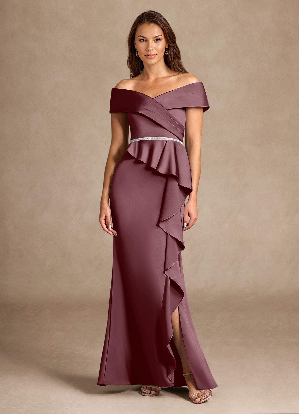 Azazie Dareia Mère de la mariée Robes Robe Sirène en Satin extensible Épaule décolletée Sangria image1