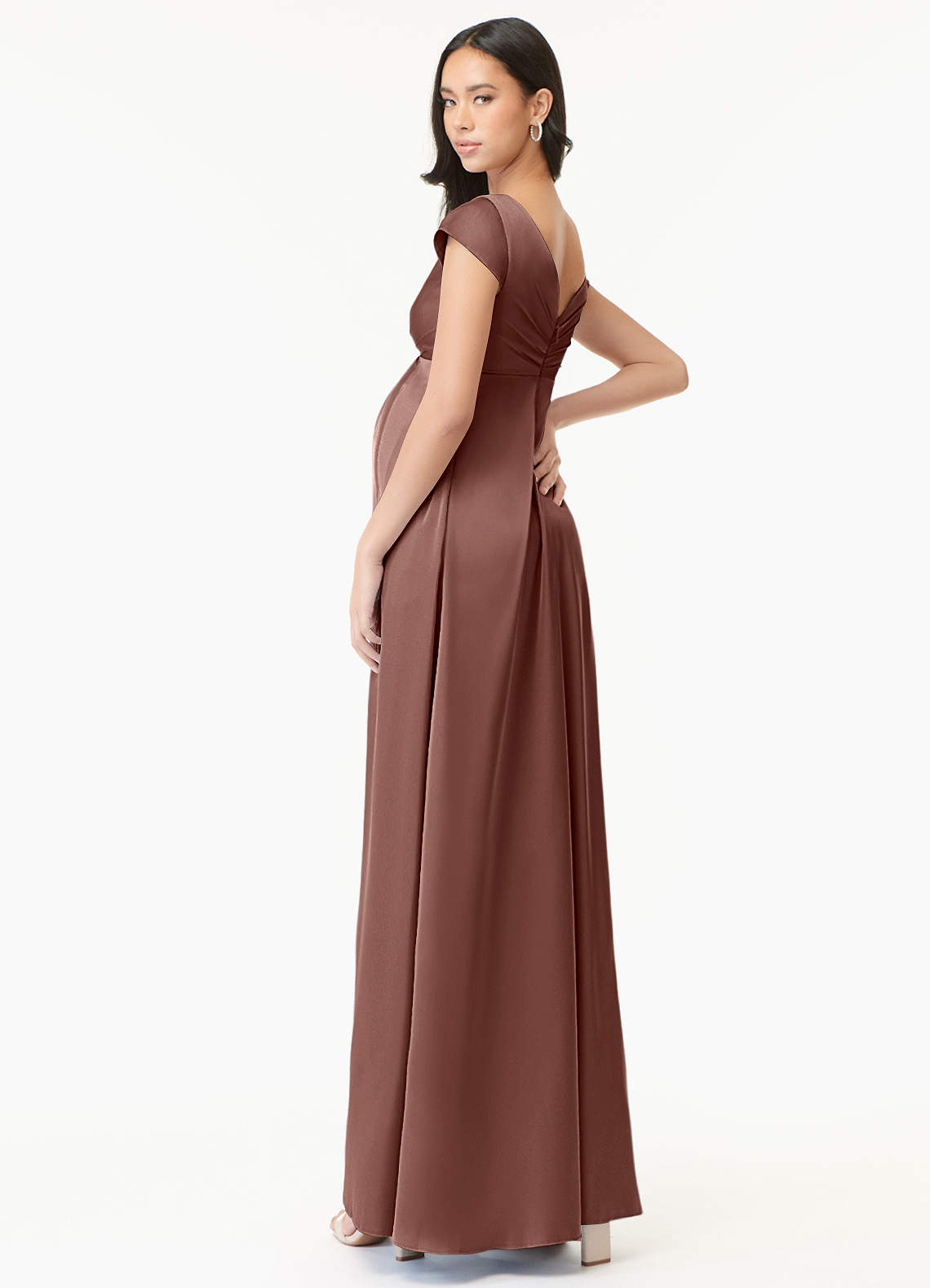 Azazie Allessia vestidos de dama de honor de maternidad Vestido de Corte En A Plisado Hasta el suelo Satén Elástico image3