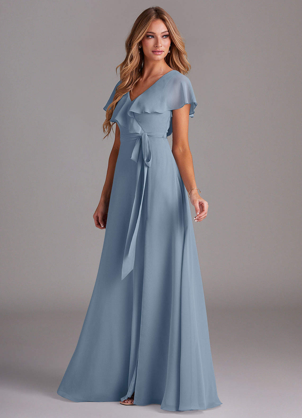 Azazie Lainey At-home Try On Dresses Dusty Blue A-Line with Pockets Chiffon Dress image4