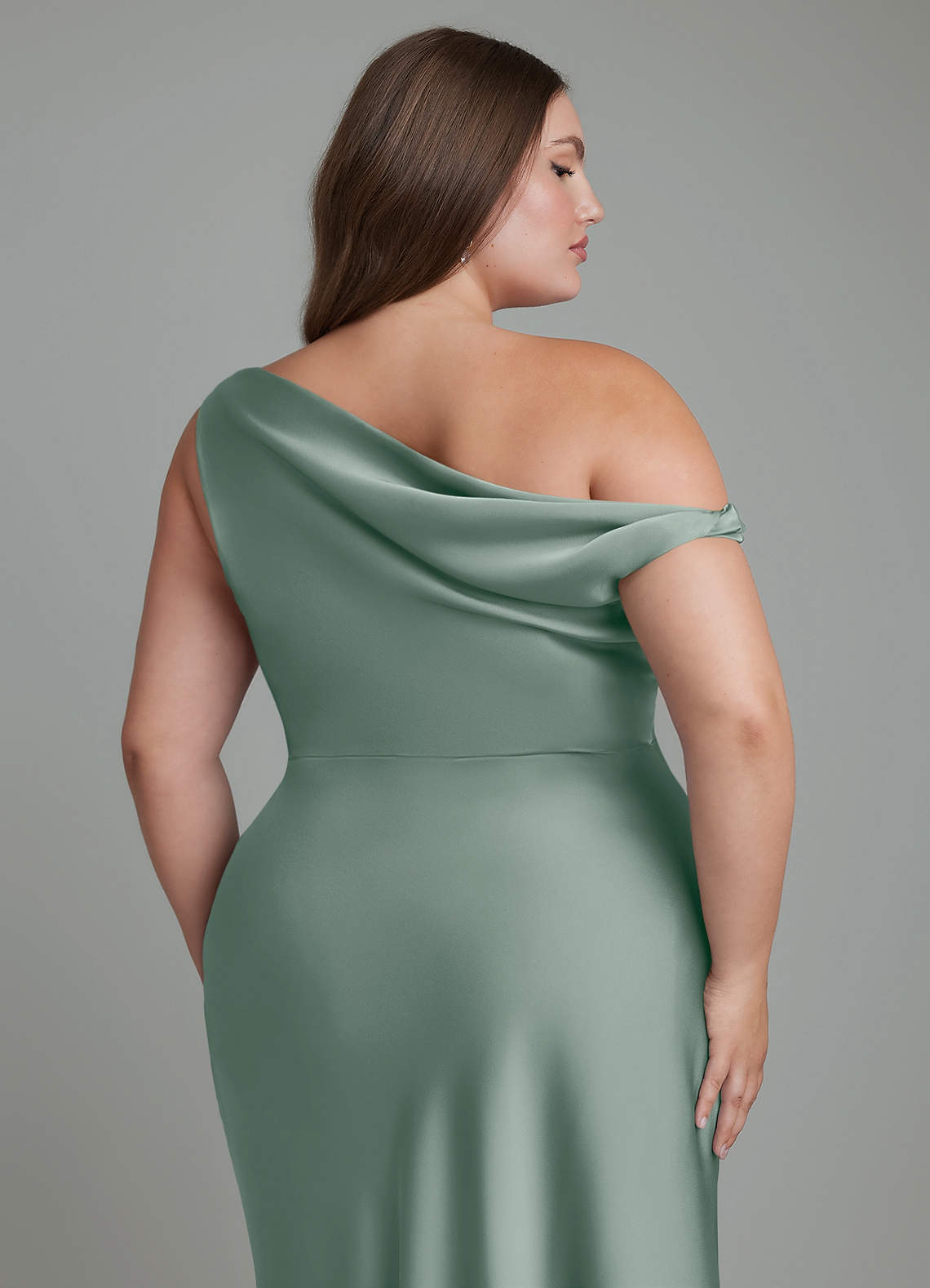silver sage green bridesmaid dresses Azazie Plus Size Mermaid One-Shoulder Floor-Length Stretch Satin This sage bridesmaid dress فساتين سهرات كحلية Best 2026 Bridesmaid Dresses Height:5.1 ft