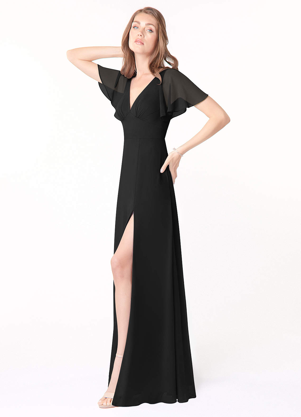 white christmas dresses Long Black Chiffon Bridesmaid Dresses with V-Neck Black / 8 main image 0