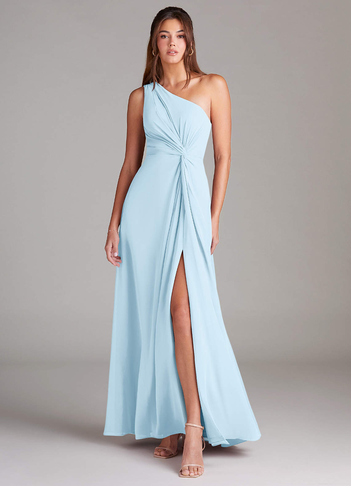 Azazie Brooke 신부 들러리 드레스 A라인 한쪽 어깨 쉬폰 바닥 길이 드레스 image1