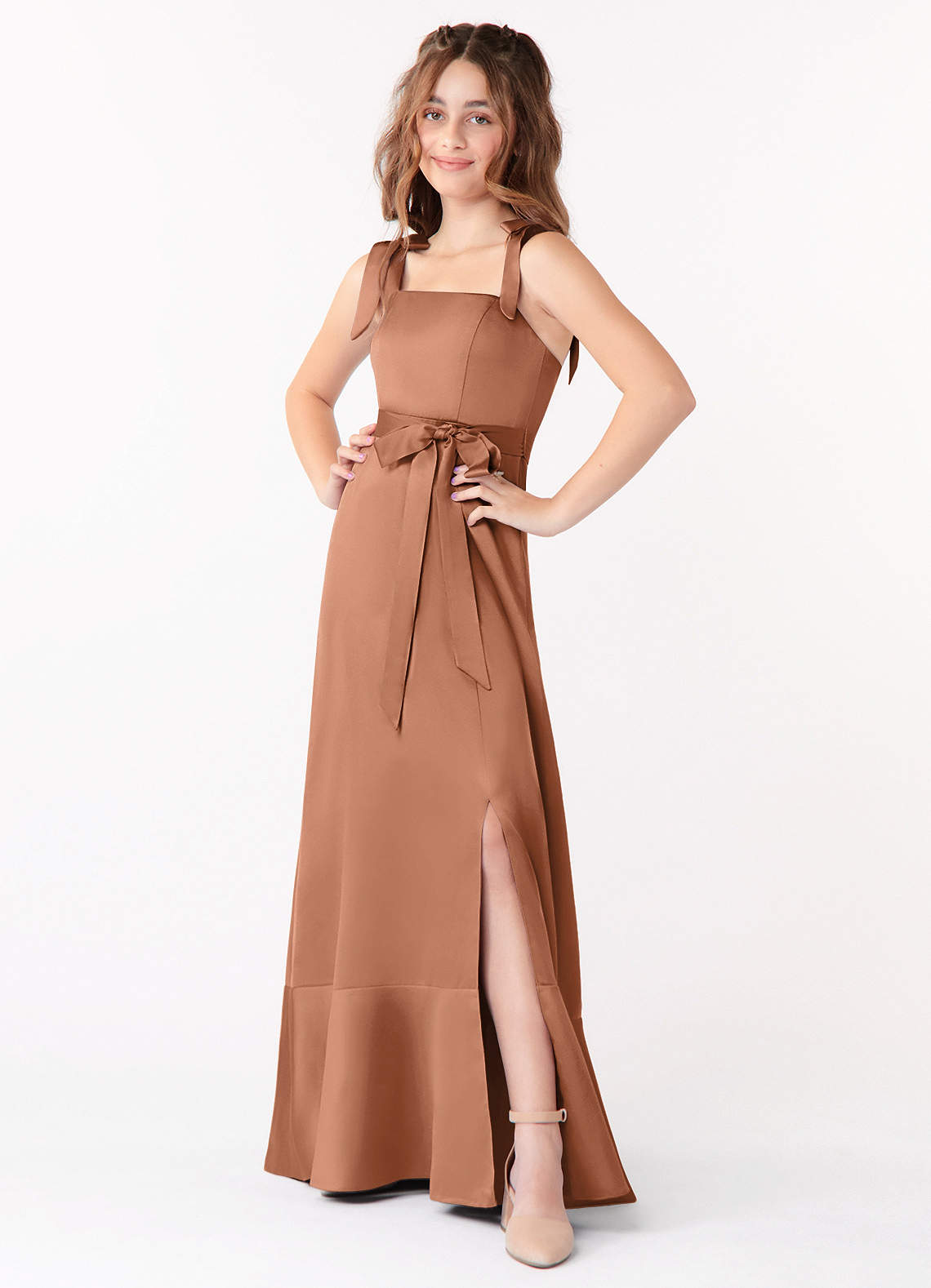 Azazie Barbara Junior Bronzer A-Line Bow Stretch Satin Dress image1