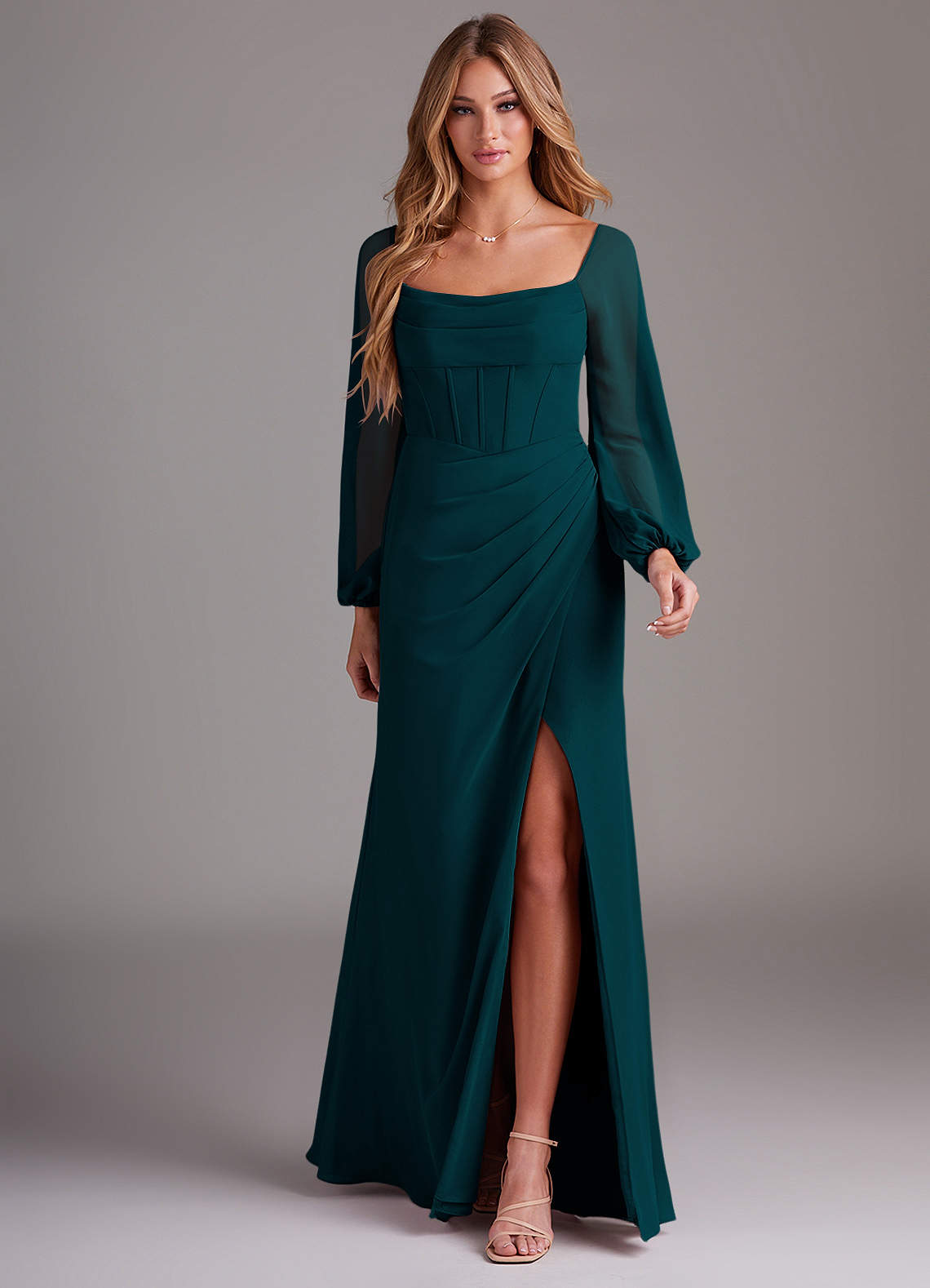 Azazie Sheath Cowl Neck Long Sleeve Floor-Length Chiffon Bridesmaid Dresses - Pine Azazie Sheath Cowl Neck Long Sleeve Floor-Length Chiffon Bridesmaid Dresses - Pine