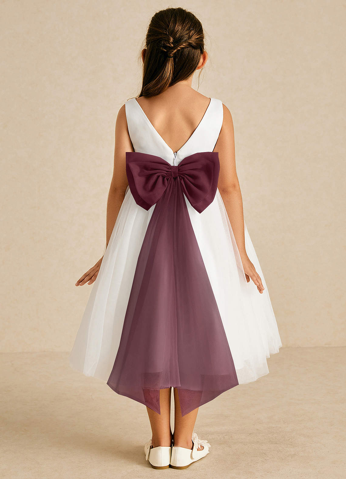 Azazie Kavi Flower Girl Dresses Ivory Cabernet A-Line Bow Matte Satin Dress image1