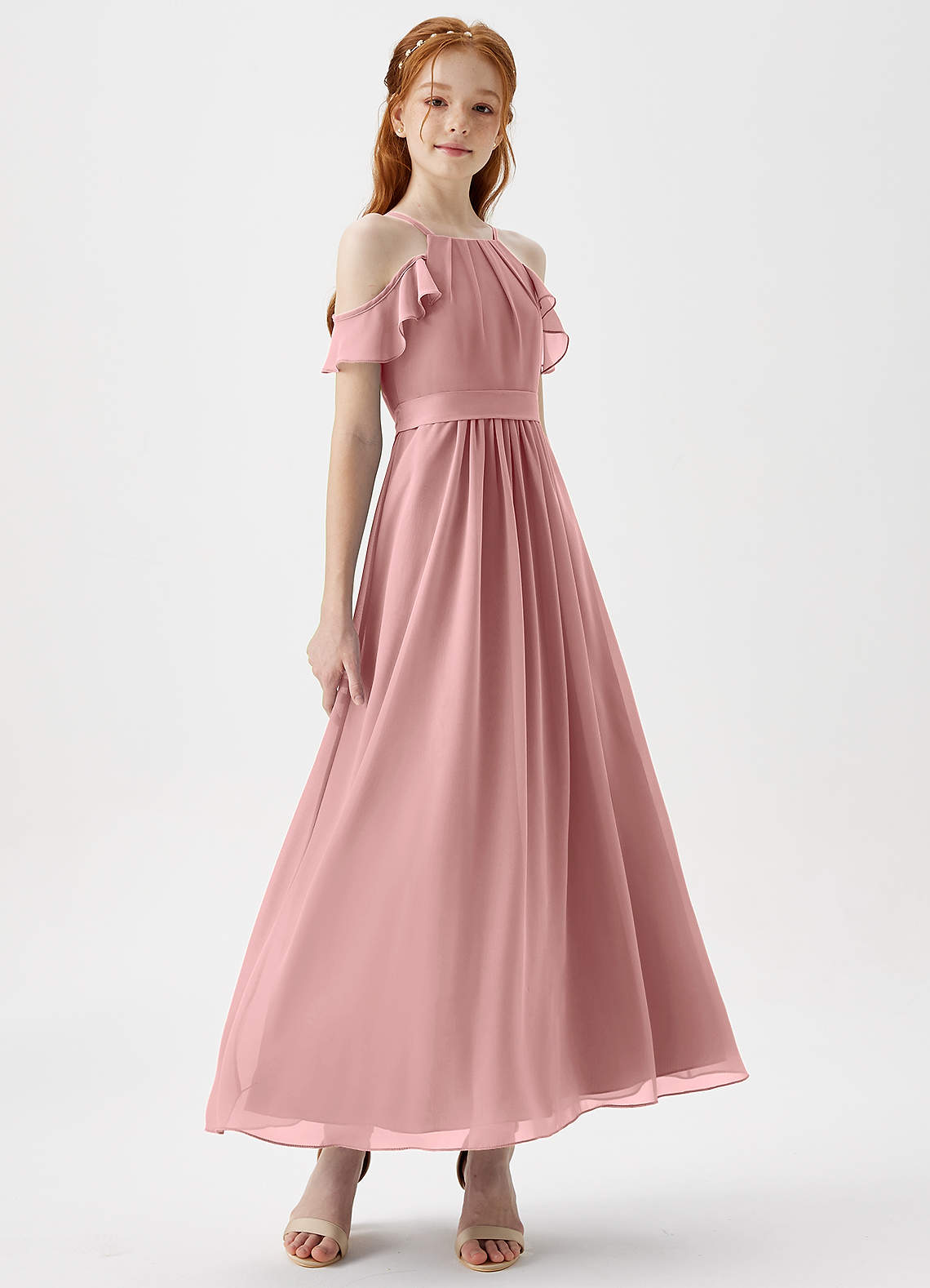 Azazie Chaya Junior Dusty Rose A-Line Off the Shoulder Chiffon Dress image5