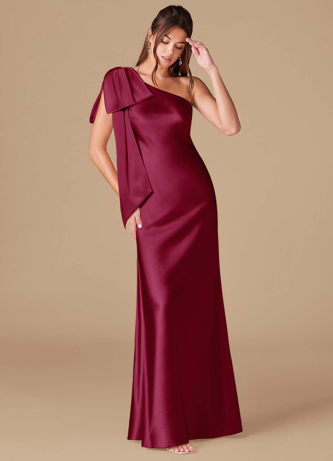 Azazie Capri Bridesmaid Dresses Burgundy Sheath One Shoulder Metallic Satin Dress image1