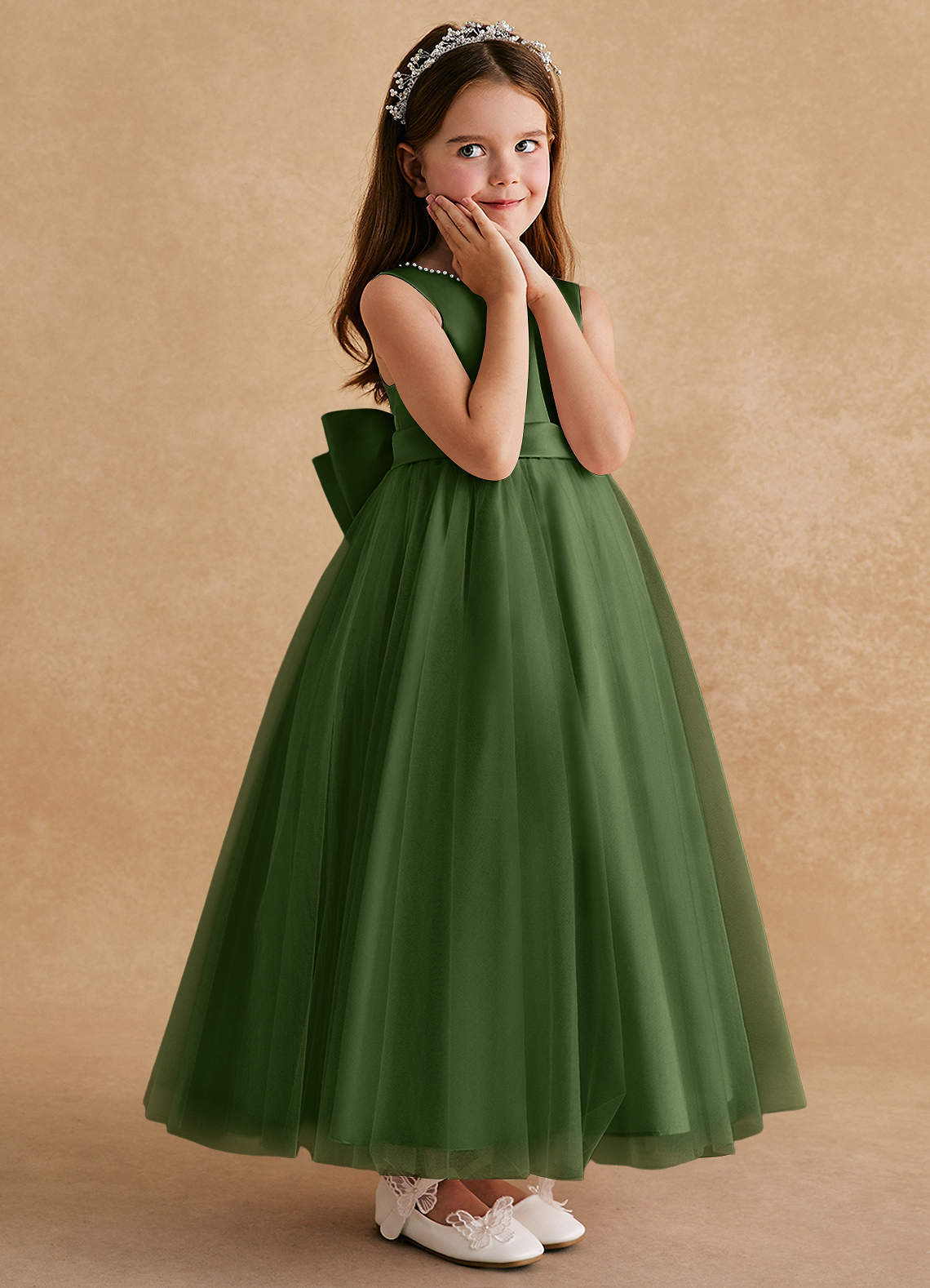 Azazie Cookie Flower Girl Dresses Olive A-Line Bow Tulle Dress image2