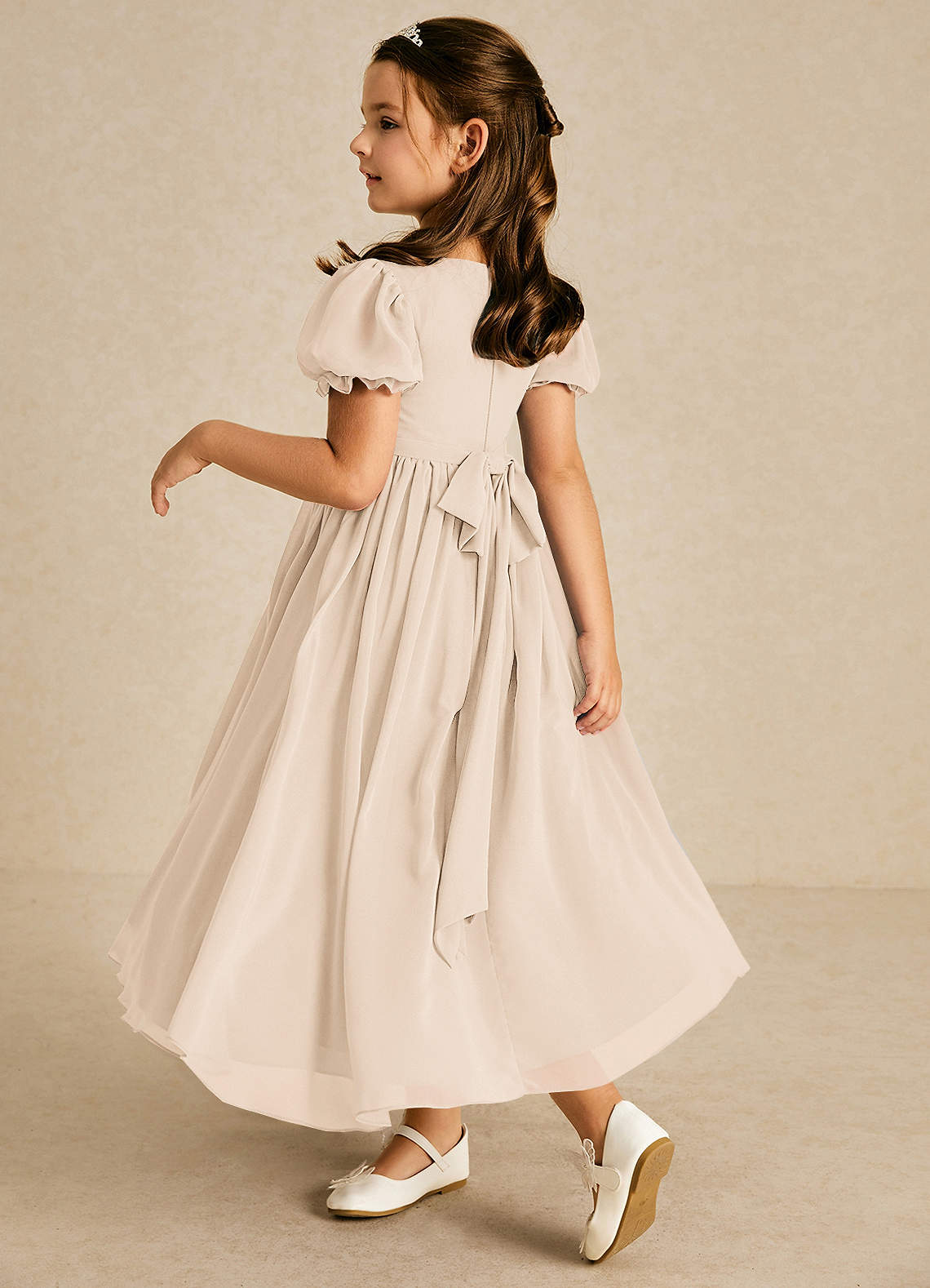 Azazie Joss Flower Girl Dresses White Alabaster A-Line with Sleeves Chiffon Dress image1