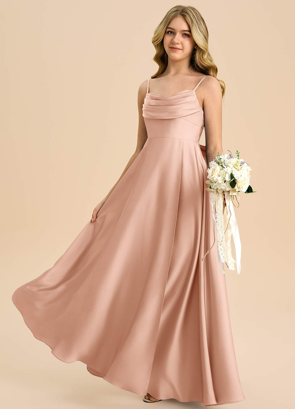 Azazie Bear Junior Rose Gold A-Line Sweetheart Neckline Stretch Satin Dress image4