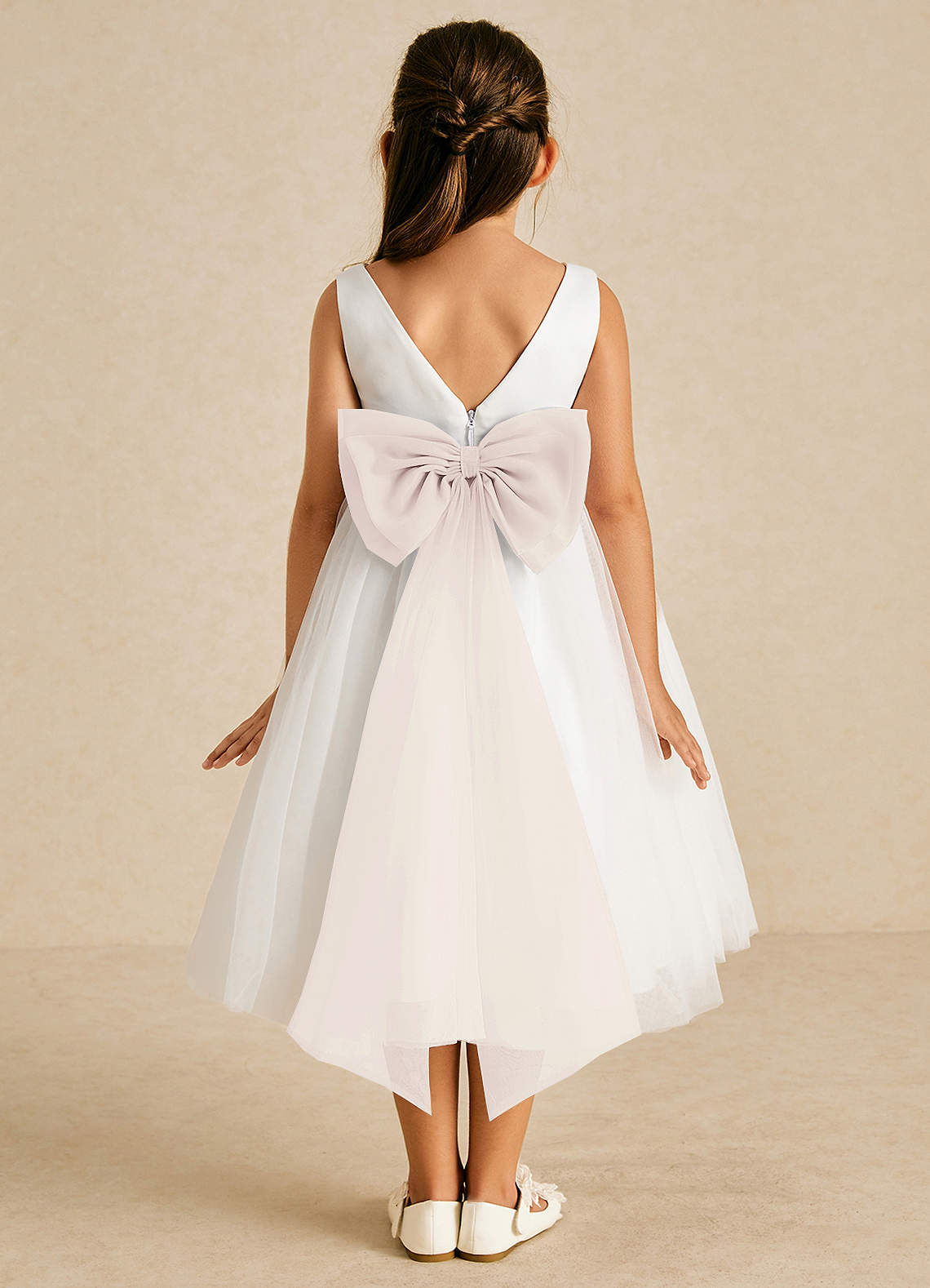 Azazie Kavi Flower Girl Dresses Ivory Rose Petal A-Line Bow Matte Satin Dress image1